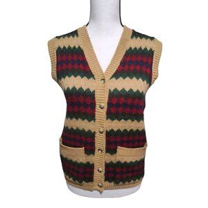 Donnkenny DK Gold Button Up Sweater Vest Tan Red Green Diamond Pattern SZ Small
